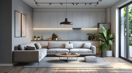 Beautiful studio apartment which has living room kitchen and same area with blank wall Home products background Backdrop Indoors Interior : Generative AI