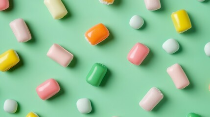 Flat lay of unwrapped pieces of bubble gum in various colors and shapes, arranged in a fun pattern on a pastel green background with space for text 