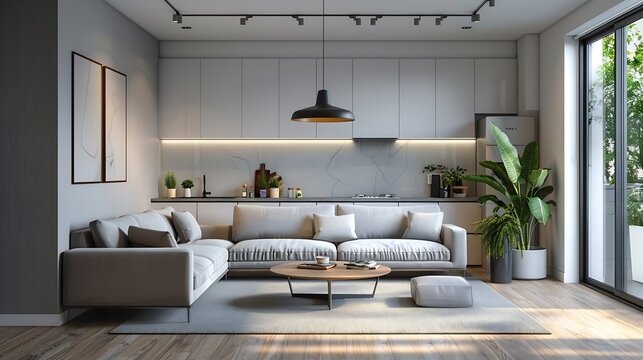 Beautiful studio apartment which has living room kitchen and same area with blank wall Home products background Backdrop Indoors Interior : Generative AI