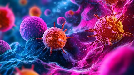 A detailed abstract image showcasing vibrant cancer cells observed under a microscope highlighting the intricate cellular structure and patterns