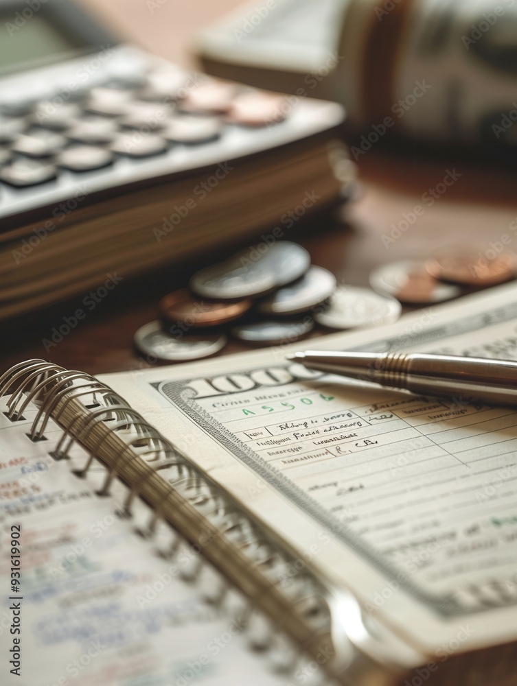 Aufkleber A stack of cash, scattered coins, and an open notebook filled with financial notes and calculations on a wooden workspace. Generative AI