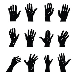 Obraz premium Silhouettes of diverse hands in various gestures and positions on a white background.