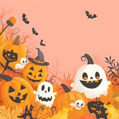 Fototapeta premium Cute and Spooky Halloween Scene with Pumpkins Ghosts and Bats