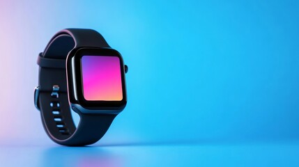 Fototapeta premium High-tech smartwatch displaying Cyber Monday deals notifications in vibrant colors, floating against a gradient blue background with space for additional text 