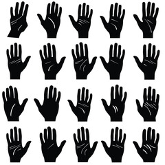 Fototapeta premium Silhouettes of various hands and palm lines against a white background.