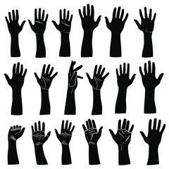 Fototapeta premium Silhouette illustrations of various male and female hand gestures on a white background.
