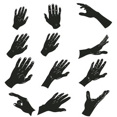 Fototapeta premium Silhouettes of various hand gestures in a black and white vector design.