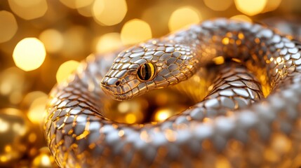 Fototapeta premium New Year snake symbol wrapped around a glowing clock, body forming a spiral with numbers instead of scales, vibrant gold and silver, festive and surreal design 