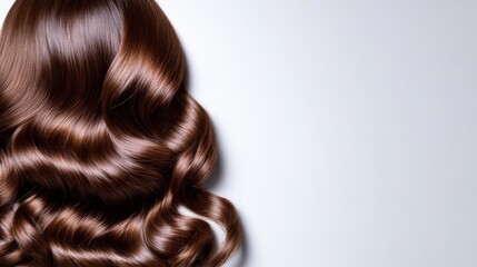 Fototapeta premium Overhead shot of rich dark mahogany hair styled in loose curls, set against a light grey background 