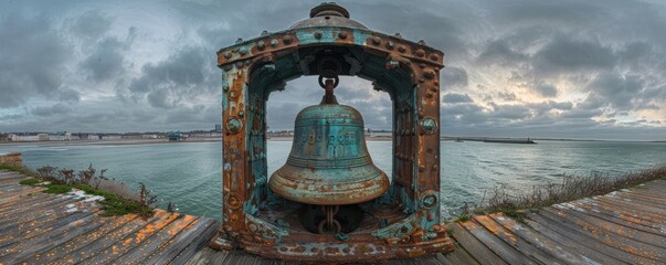 Rustic bronze bell encased in a weathered iron frame situated on a wooden pier overlooking a cloudy coastline with distant town buildings