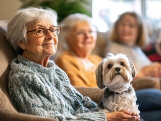 A woman with a dog is sitting on a couch at the nursing home