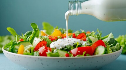Ranch dressing drizzling from a bottle onto a fresh salad vibrant greens with crisp veggies and smooth white sauce motion captured mid-pour 