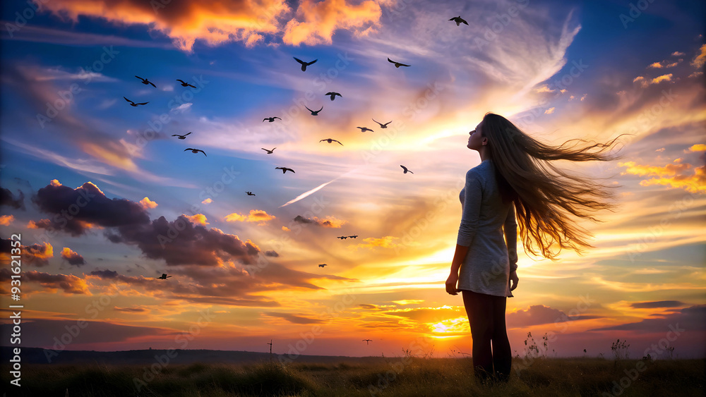 Wall mural girl on the sunset background