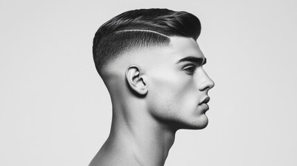 Side angle of a Boosie fade haircut with a design etched into the fade, contrasting with the clean cut on top, white background 