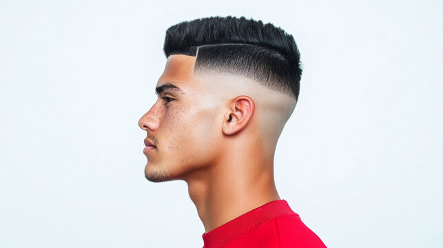 Side angle of a Boosie fade haircut with a design etched into the fade, contrasting with the clean cut on top, white background 