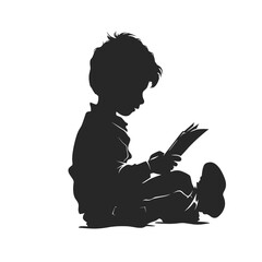 Silhouette of a young child sitting and reading a book against a white background.