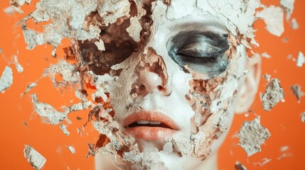 A Creepy Makeup Transformation Capturing the Intriguing Horror Aesthetic Behind the Layers of Cracked Skin and Painted Features.