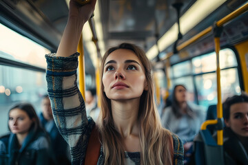 portrait of person in bus, A woman standing on the bus, holding onto one of its yellow hand grips while smiling and looking around at the other passengers 
