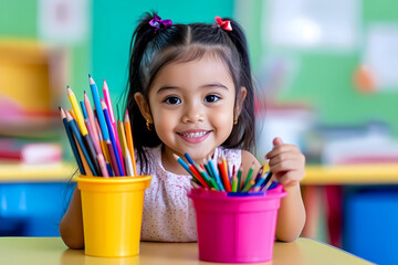 Photograph of a happy girl holding colored pencils in her hands, sitting at a table in a school classroom setting.