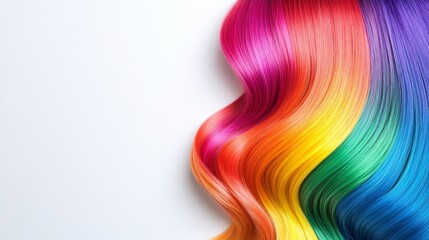 Side view of rainbow-colored hair styled in a high ponytail, colors flowing smoothly from the roots to the tips, white background 