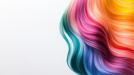 Obraz premium Side view of rainbow-colored hair styled in a high ponytail, colors flowing smoothly from the roots to the tips, white background 
