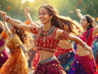 A vibrant cultural festival with people dancing