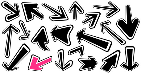 A set of playful outlined arrow icons in bold black and pink colors, featuring dynamic and varied directions. Ideal for creative digital layouts. Vector illustration.