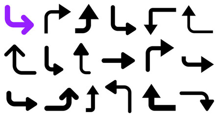 Vector illustration of bold arrows with curved and right-angle turns, featuring black and purple color styles.