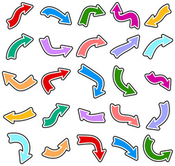 Vector illustration featuring a collection of vibrant curved arrows in various colors with bold white outlines and dynamic directions.