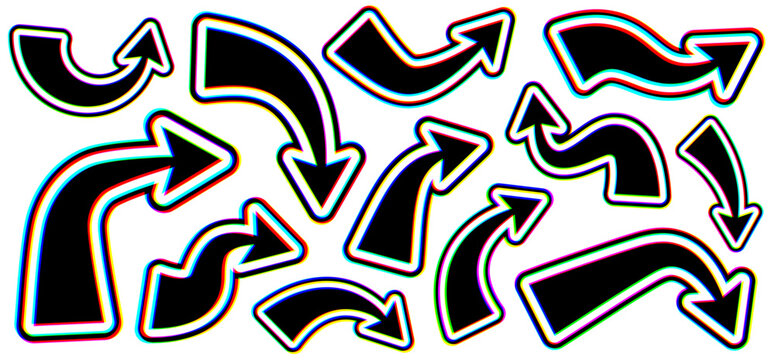 A set of bold hand-drawn black arrows with a striking glitch effect. The arrows are curved and angled in various directions