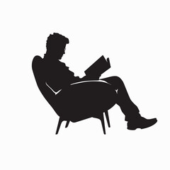 Silhouette of a man reading a book while sitting on a chair against a white background.