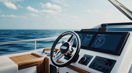 A stylish yacht's cockpit showcases a steering wheel and navigation screen, set against a backdrop of sunny skies and serene blue waters