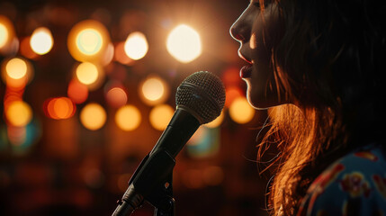 Portrait of a young woman singing into a microphone on stage. The singer performs in public with a microphone. Concept of creativity, music.