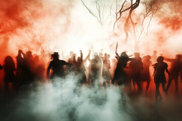 Fototapeta premium A Thrilling Halloween Party Scene Captured in a Serene Mountainous Background, Where Guests Dance Amidst Eerie Fog and Colors