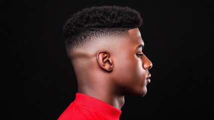 Obraz premium Top-down view of a Boosie fade haircut, showcasing the clean, even cut on top with a sharp fade on the sides, black background 