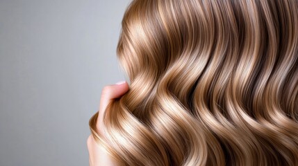 Fototapeta premium Top-down view of wavy hair being wrapped around a finger to enhance the curl pattern, showing defined waves, neutral background 