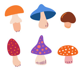 Fototapeta premium Set of various whimsical mushrooms in different shapes and colors, perfect for nature-themed designs, children's books, patterns and fall or fantasy artwork. Vector illustration, isolated on white.