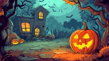 Spooky Haunted House and Pumpkin in Autumn Moonlit Forest Landscape