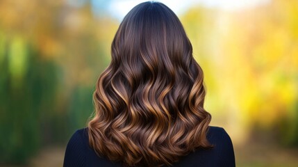 Wavy dark mahogany hair flowing over shoulders, against a blurred outdoor background 