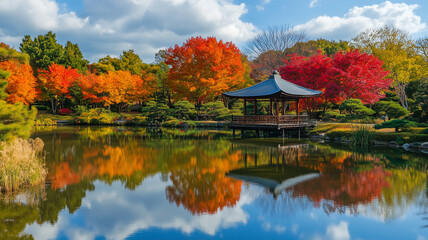 秋風情の池と日本庭園