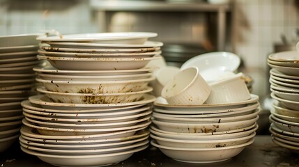 a pile of dirty white bowls in a restaurant