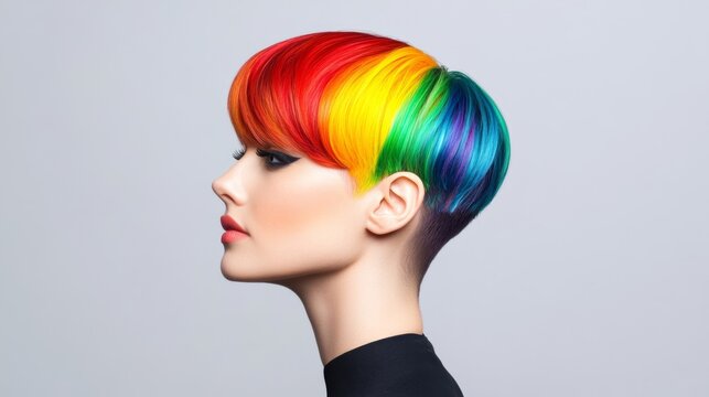 Wide shot of a person with short rainbow-colored hair in a pixie cut, the vibrant colors popping against a neutral background 