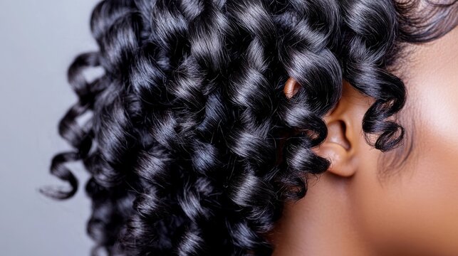 Wide shot of wavy hair being twisted into sections for a twist-out, showing the defined wave pattern after unraveling, neutral background 