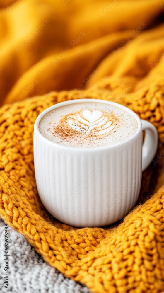 Canvas Prints A creamy pumpkin spice latte topped with frothy milk and a dusting of cinnamon sits on a cozy knit blanket the embodiment of autumns warm colors on a background with empty space for text 