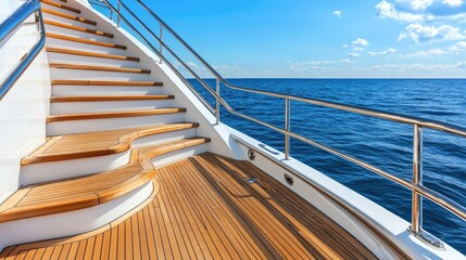 A sunny yacht offers a wooden deck with a relaxing jacuzzi and stairs leading down to the sparkling...