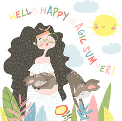 Funny cartoon girl with cute deer.Best friends