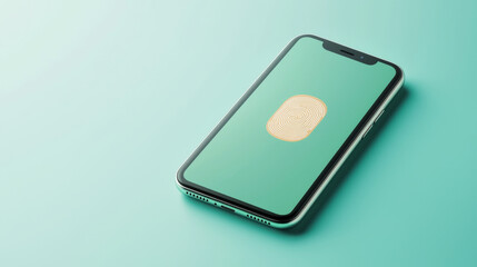 A smartphone displaying a fingerprint icon on a mint green background, representing biometric authentication, digital security, and modern technology.