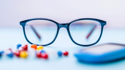 Blurry vision through eyeglasses with a glucose meter in the foreground representing diabetic retinopathy health issues sight problems awareness 