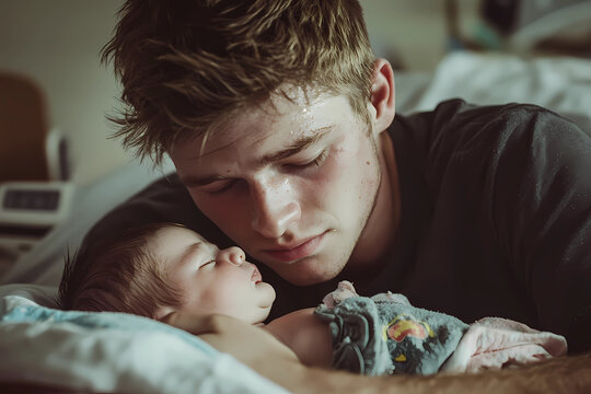 photo of a young father gently cradling his newborn baby lying on a bed