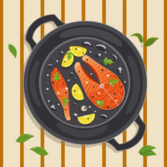 Frying salmon steak with lemon slices on frying pan illustration. Stock vector art isolated on white background.